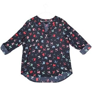 Ann Taylor Floral V Neck Blouse Womens L Adjustable Sleeve Top Black